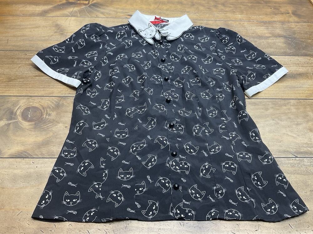 Hell Bunny Matou Blouse “Meow” Black Size Large CAT Collar
